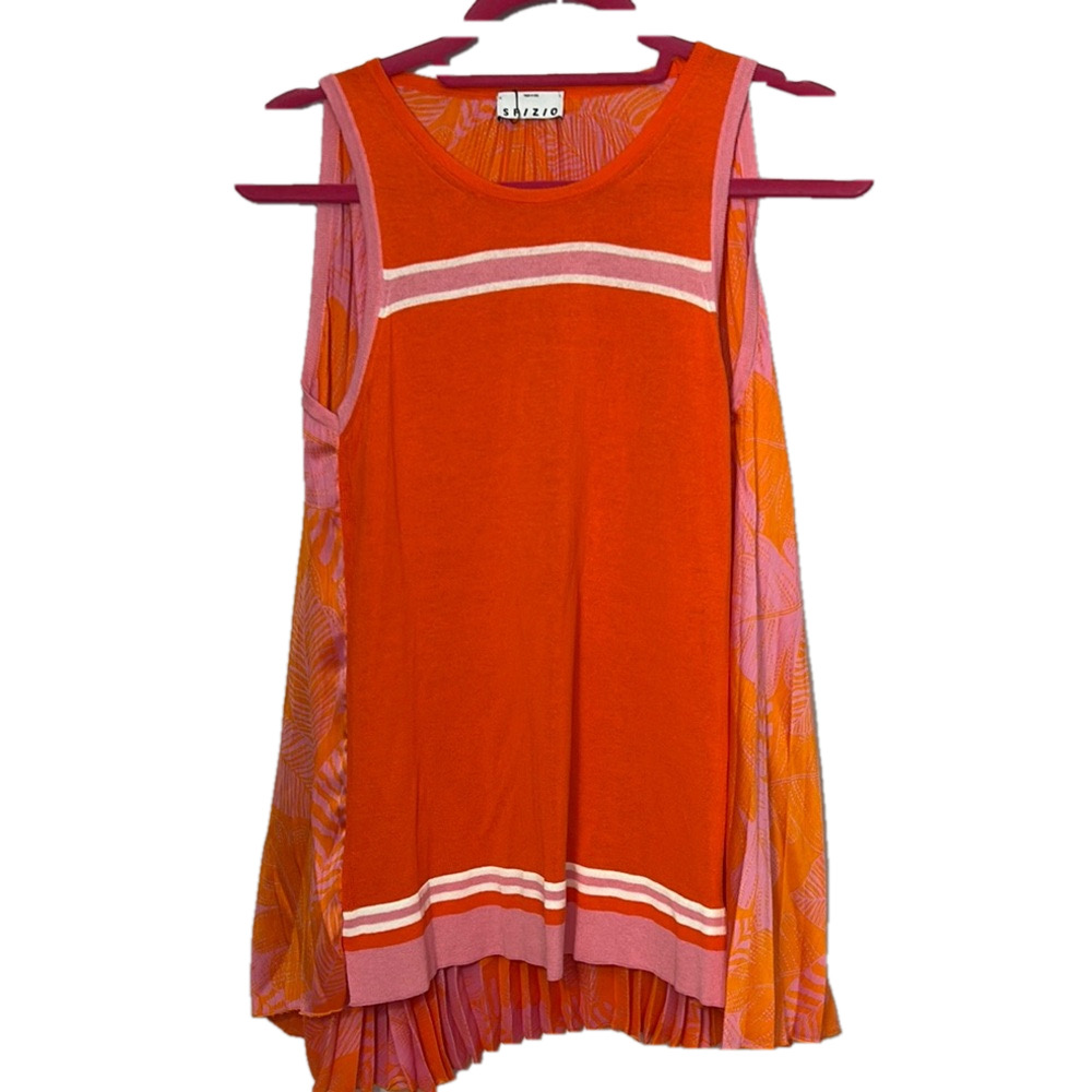 SFIZIO Orange White Sleeveless Top Pleated Back
